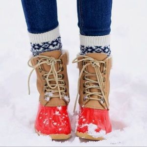 Red Sperry duck boots